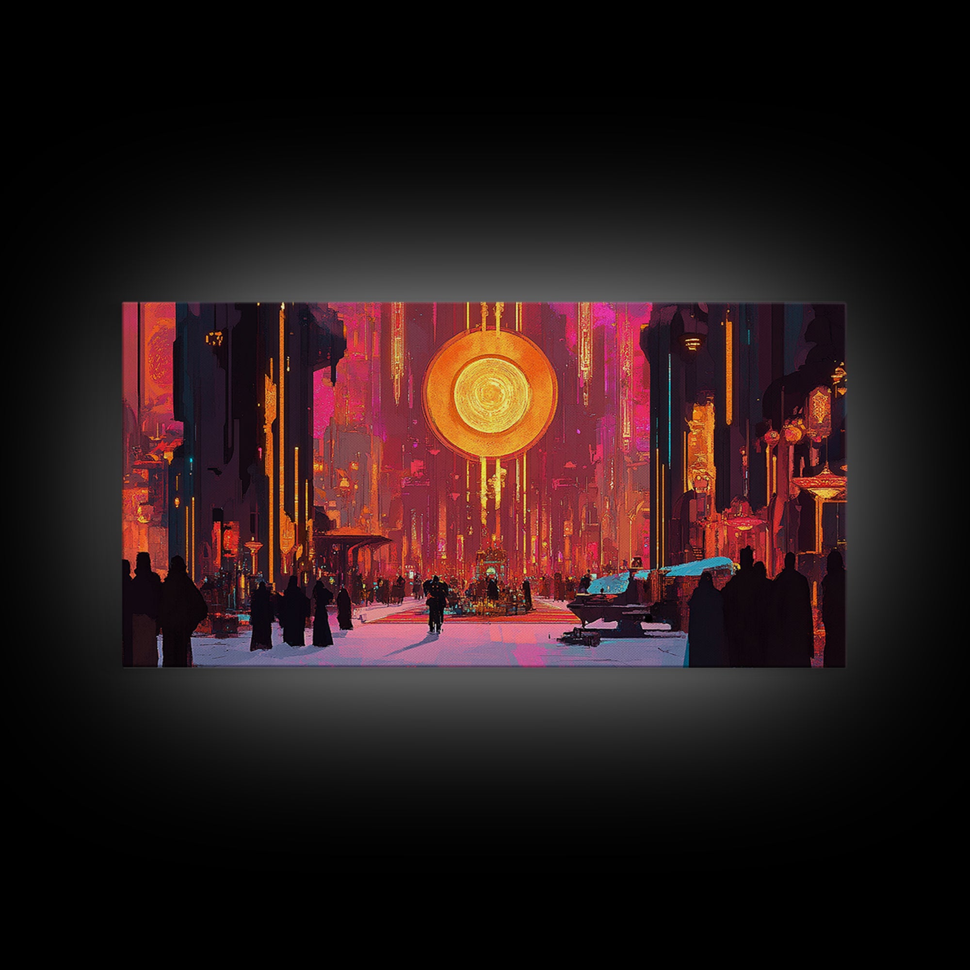 Neon Cyberpunk City With Golden Sun Disc Canvas Print, Futuristic Wall Art For Gaming Room And Modern Office Decor, Home Decor