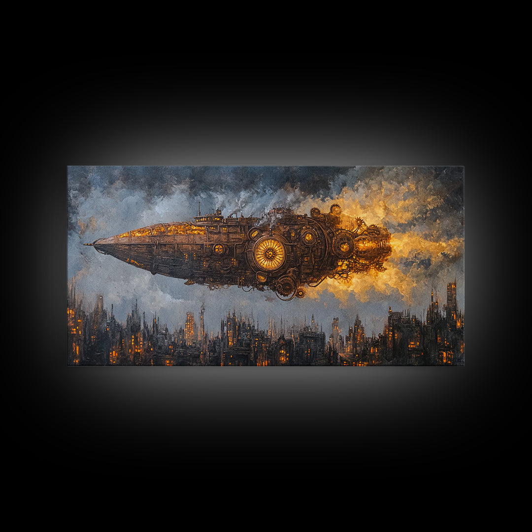 Steampunk Starship Over Smoky Dystopian Skyline Framed Canvas Print, Sci Fi Wall Art For Industrial Office And Man Cave Decor