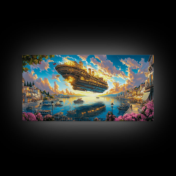 Golden Airship Above Mediterranean Harbor Canvas Print, Fantasy Travel Wall Art For Coastal Decor And Elegant Living Room Decor