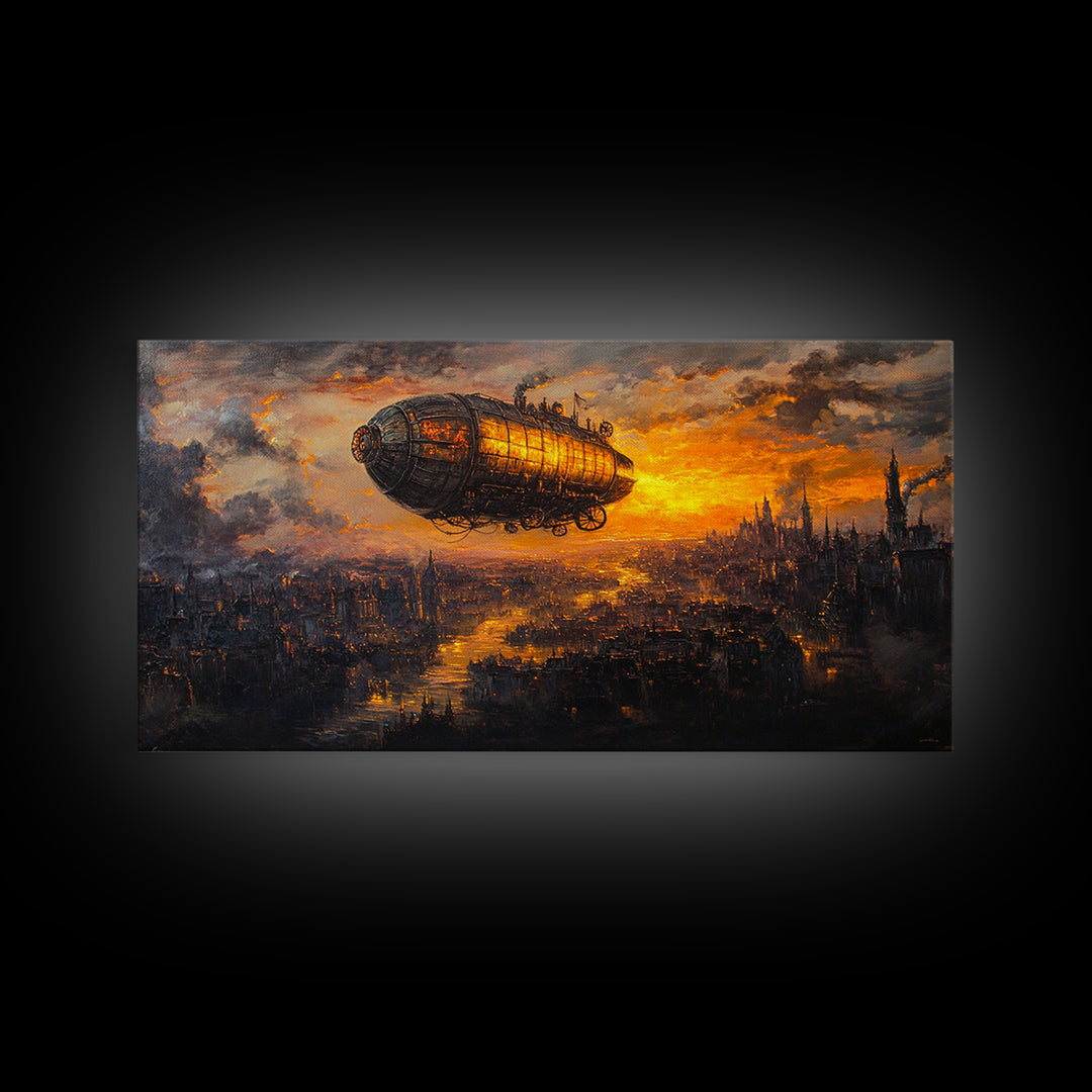 Moody Steampunk Airship At Fiery Sunset Framed Canvas Print, Dystopian City Wall Art For Gothic Office And Masculine Decor