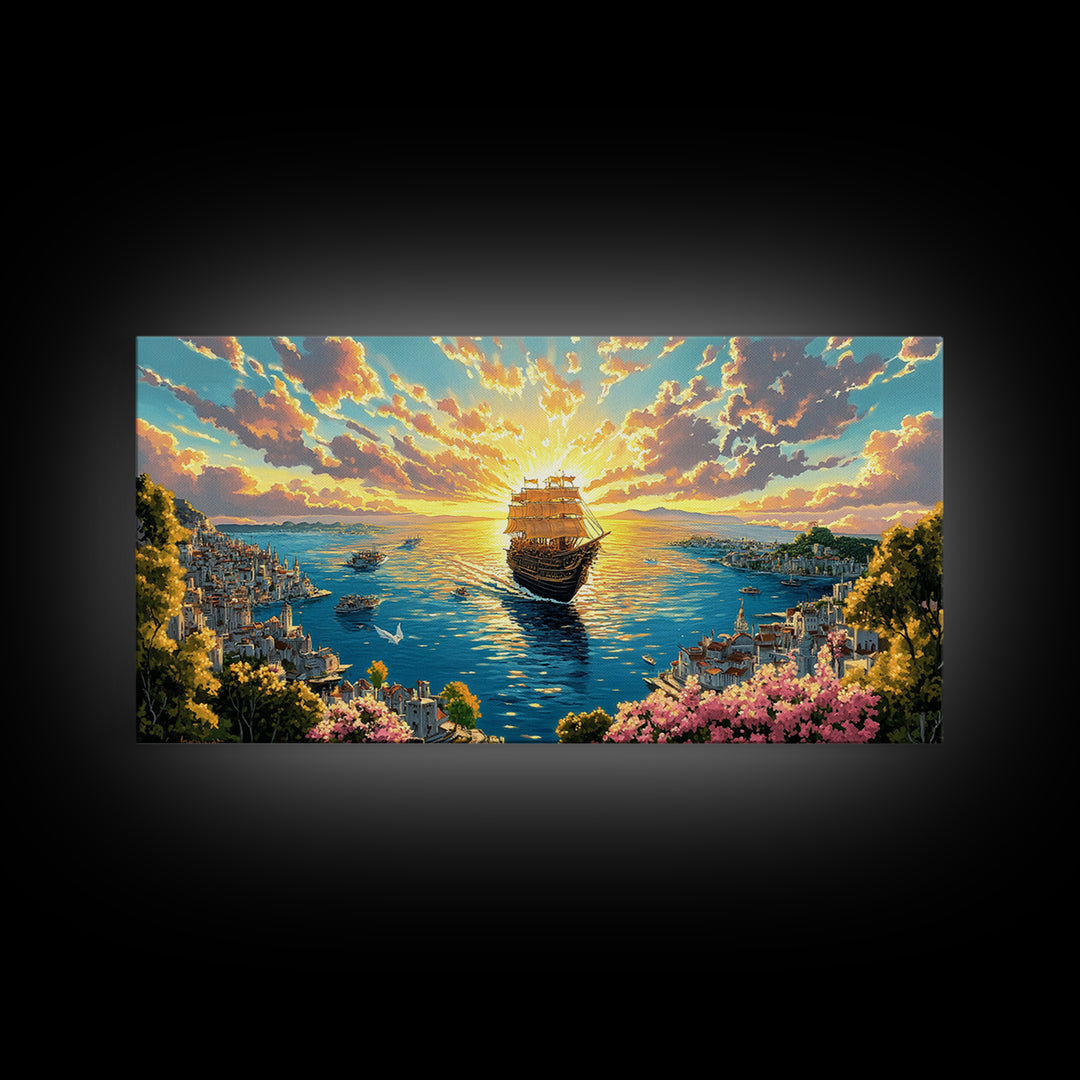 Radiant Tall Ship Sailing Into Golden Sunset Canvas Print, Nautical Wall Art For Coastal Living Room And Beach House Decor