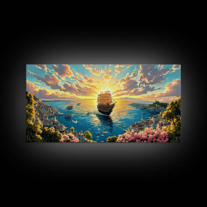 Radiant Tall Ship Sailing Into Golden Sunset Canvas Print, Nautical Wall Art For Coastal Living Room And Beach House Decor