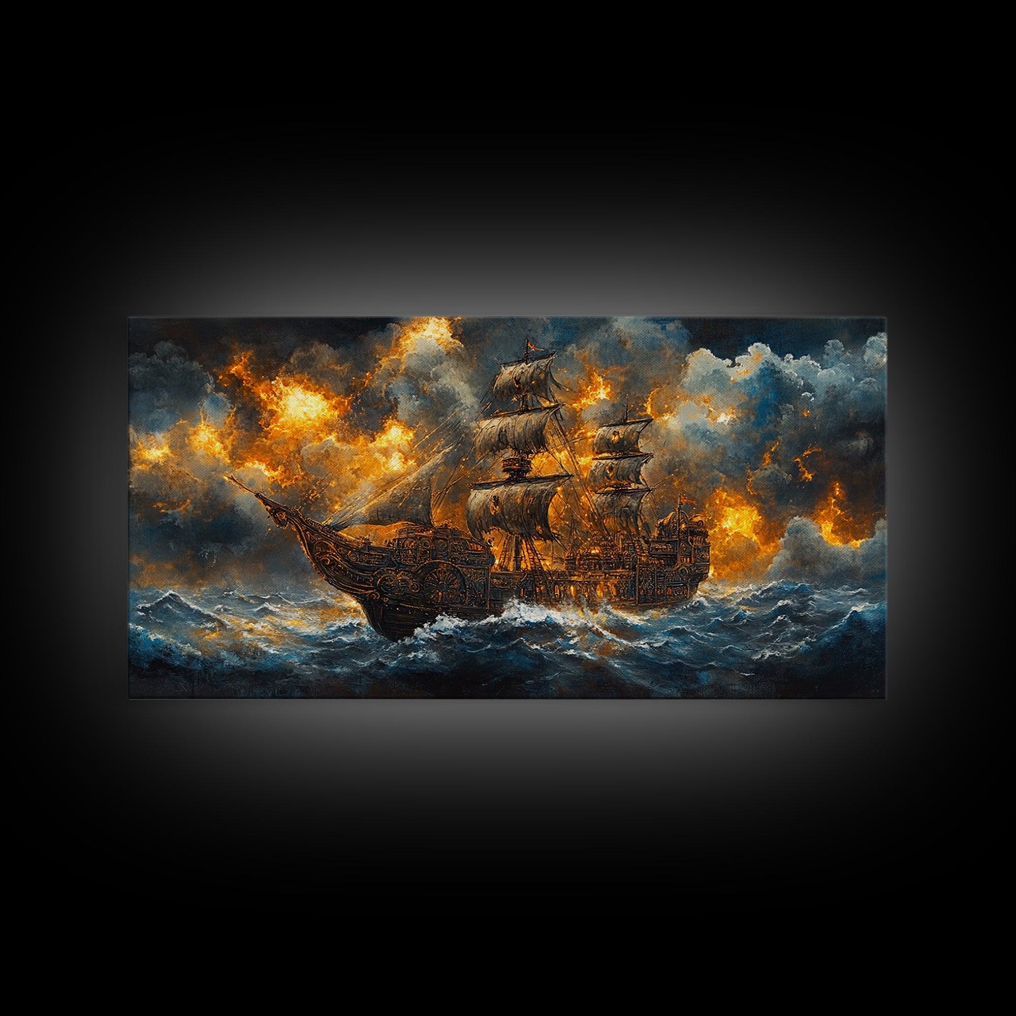Stormy Pirate Ship In Fiery Seas Framed Canvas Print, Dramatic Nautical Wall Art For Gothic Decor And Fantasy Home Decor