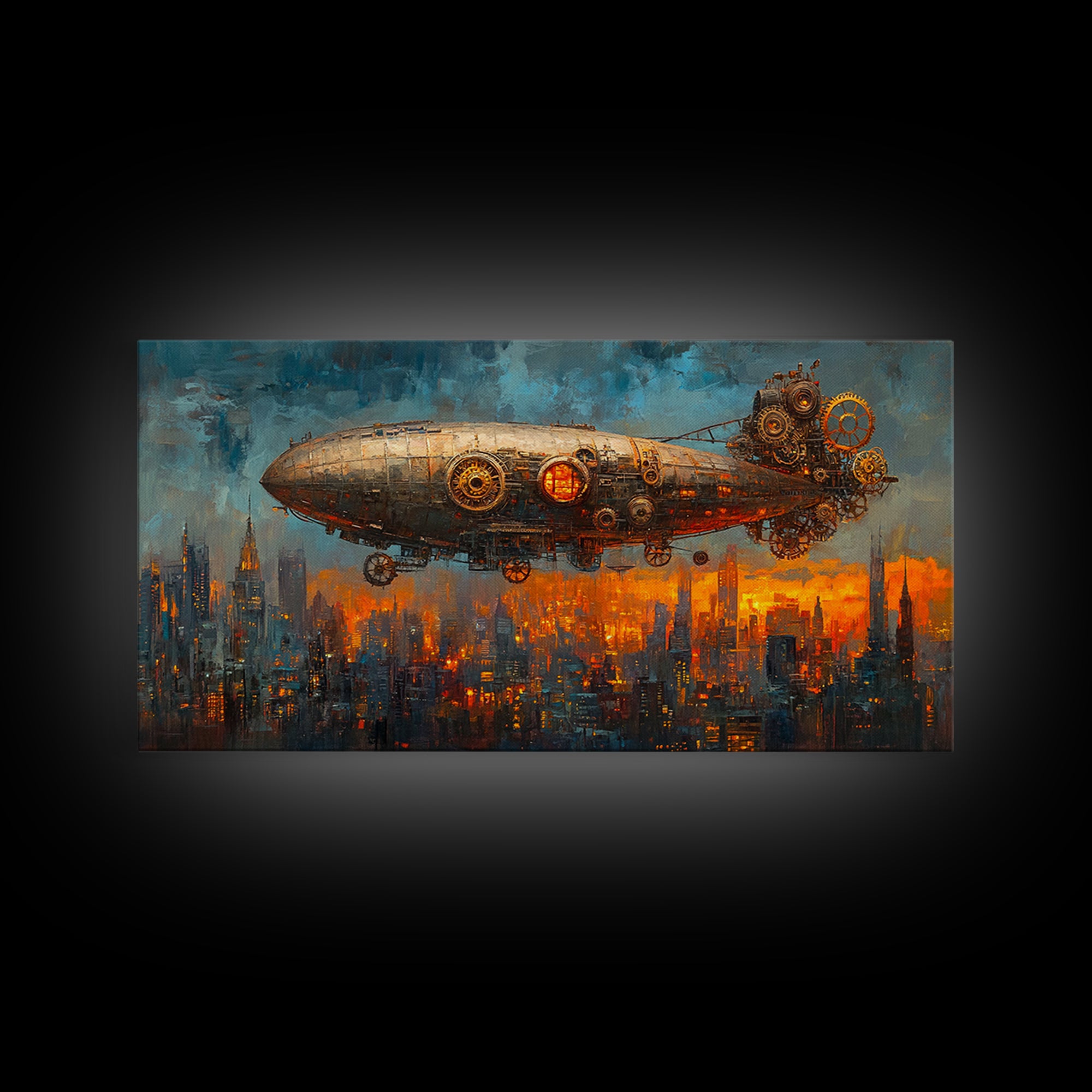 Industrial Steampunk Zeppelin Over Orange City Canvas Print, Futuristic Wall Art For Sci Fi Office Decor And Urban Home Decor