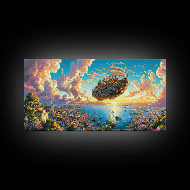 Flying Galleon Above Sunlit Coastal City Canvas Print, Whimsical Fantasy Wall Art For Travel Decor And Bright Living Room