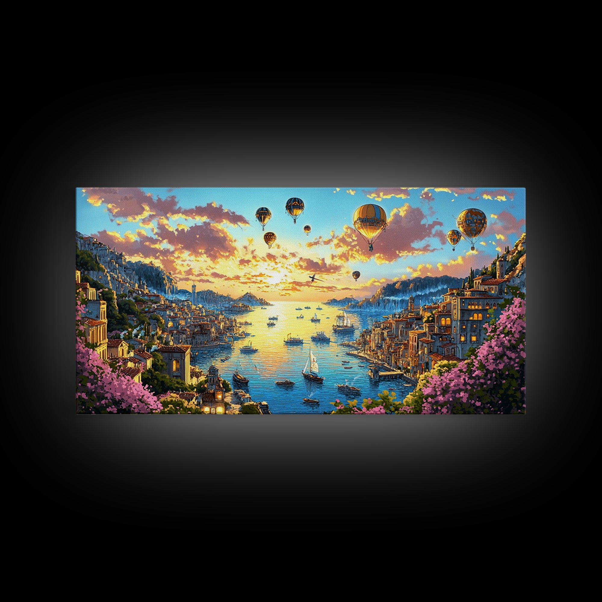 Hot Air Balloons Over Golden Harbor Canvas Print, Whimsical Coastal Wall Art For Travel Inspired Decor And Living Room Decor