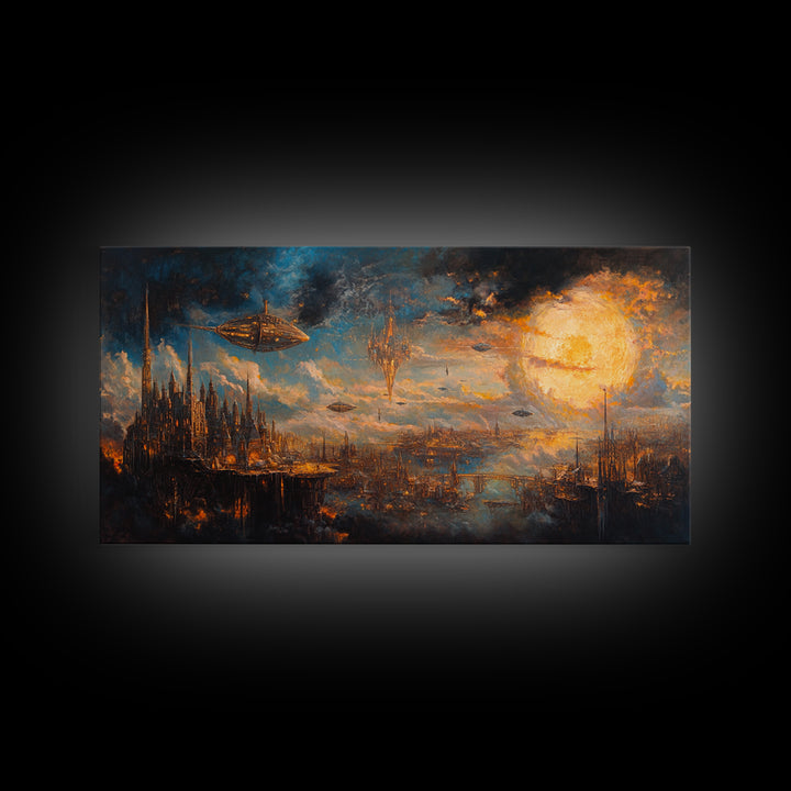 Steampunk Sky City With Airships Wall Art, Futuristic Fantasy Landscape, Dark Sci Fi Decor, Large Canvas Print For Office