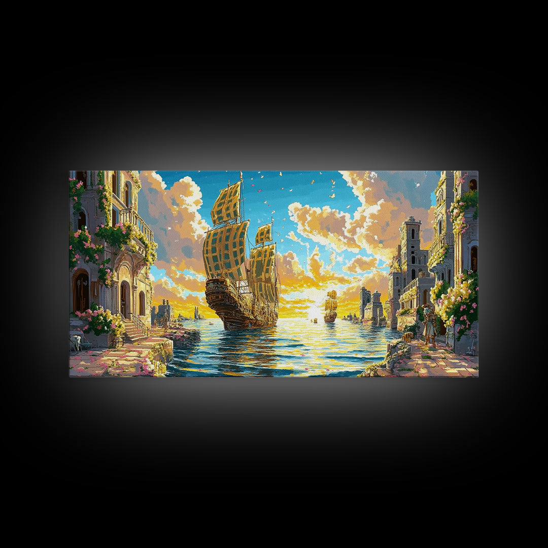 Golden Sailing Ship Canal Wall Art, Mediterranean Coastal Decor, Fantasy Seascape Canvas Print, Vibrant Living Room Art Print