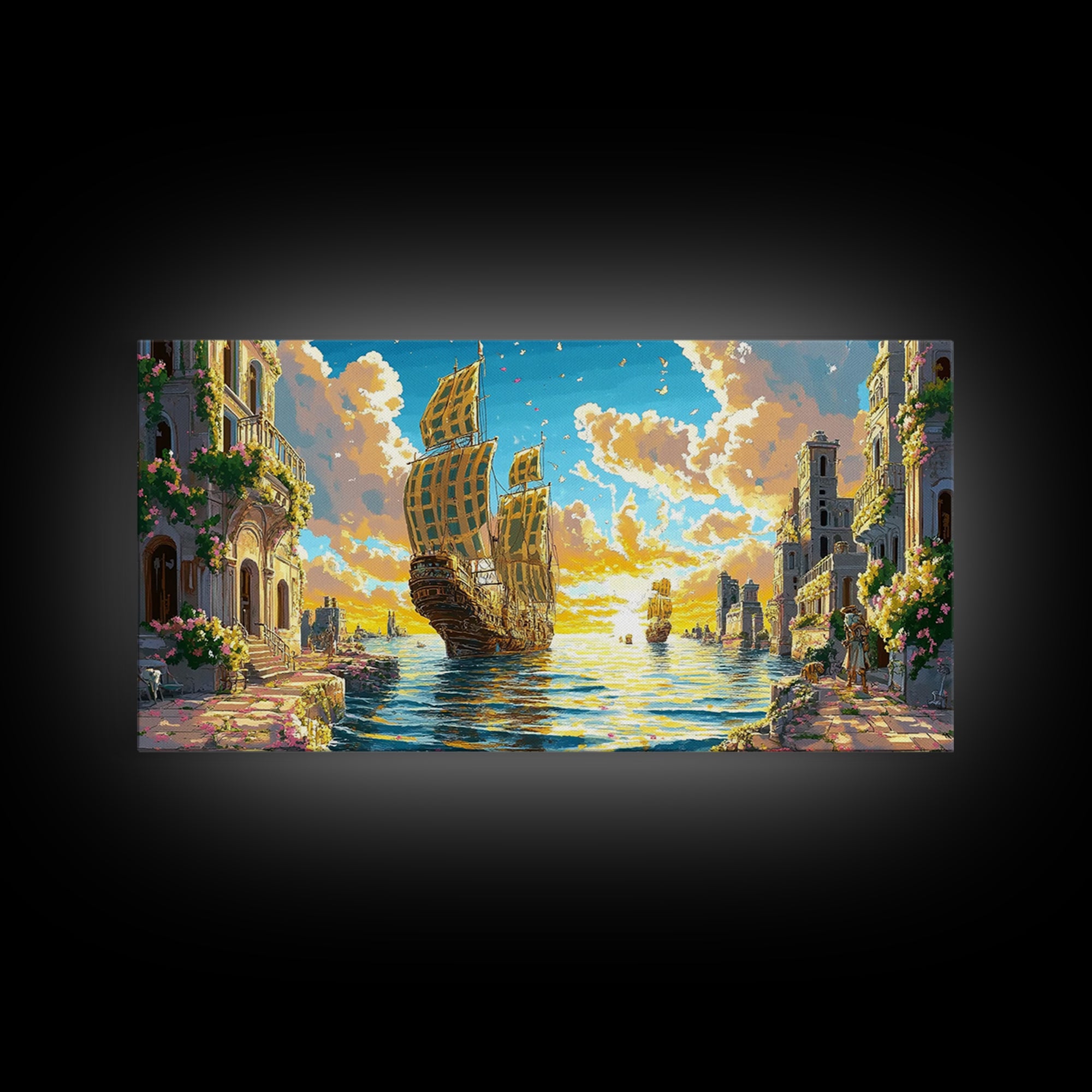 Golden Sailing Ship Canal Wall Art, Mediterranean Coastal Decor, Fantasy Seascape Canvas Print, Vibrant Living Room Art Print