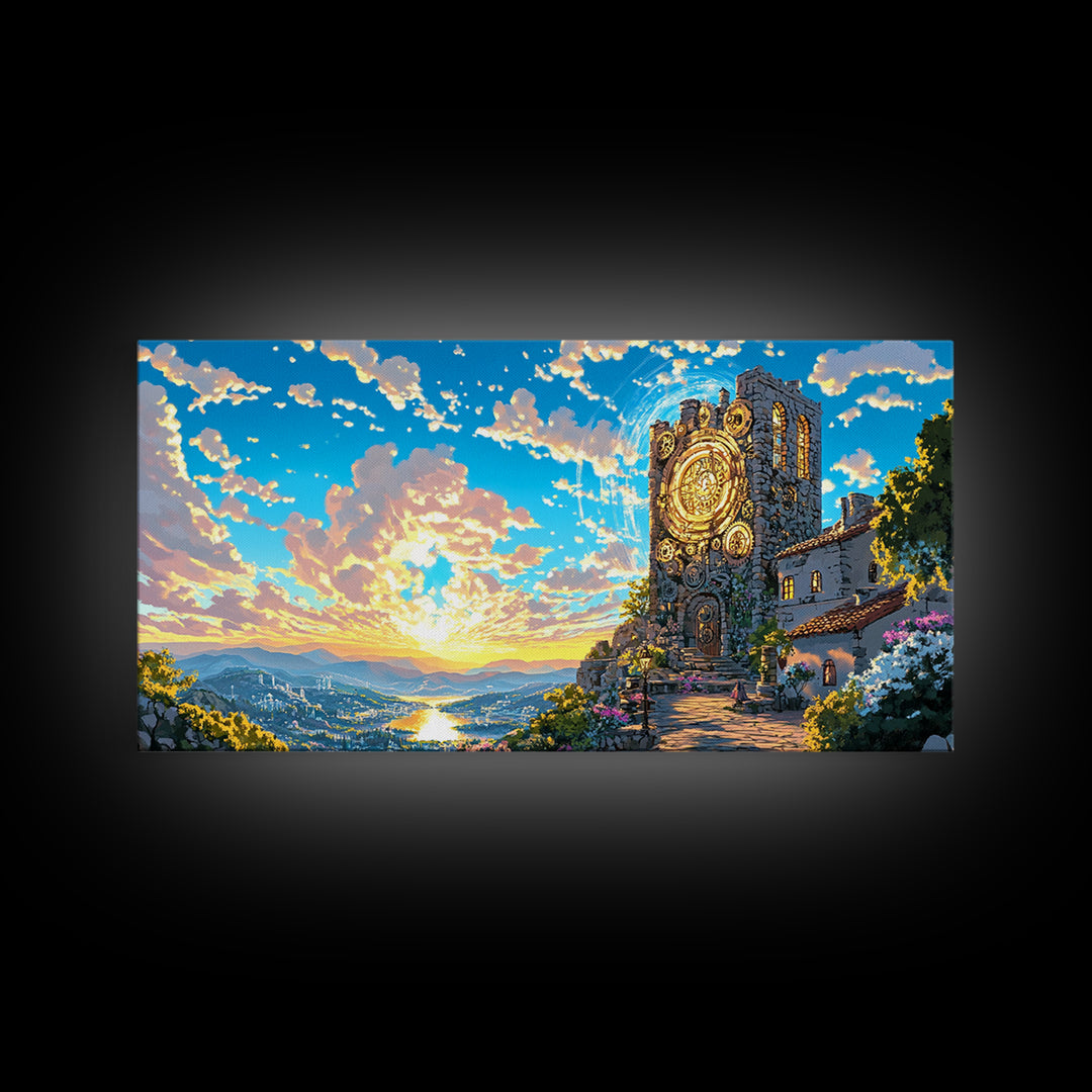 Golden Clock Tower At Sunset Wall Art, Steampunk Fantasy Landscape, Framed Canvas Print, Vibrant Travel Poster Decor Gift