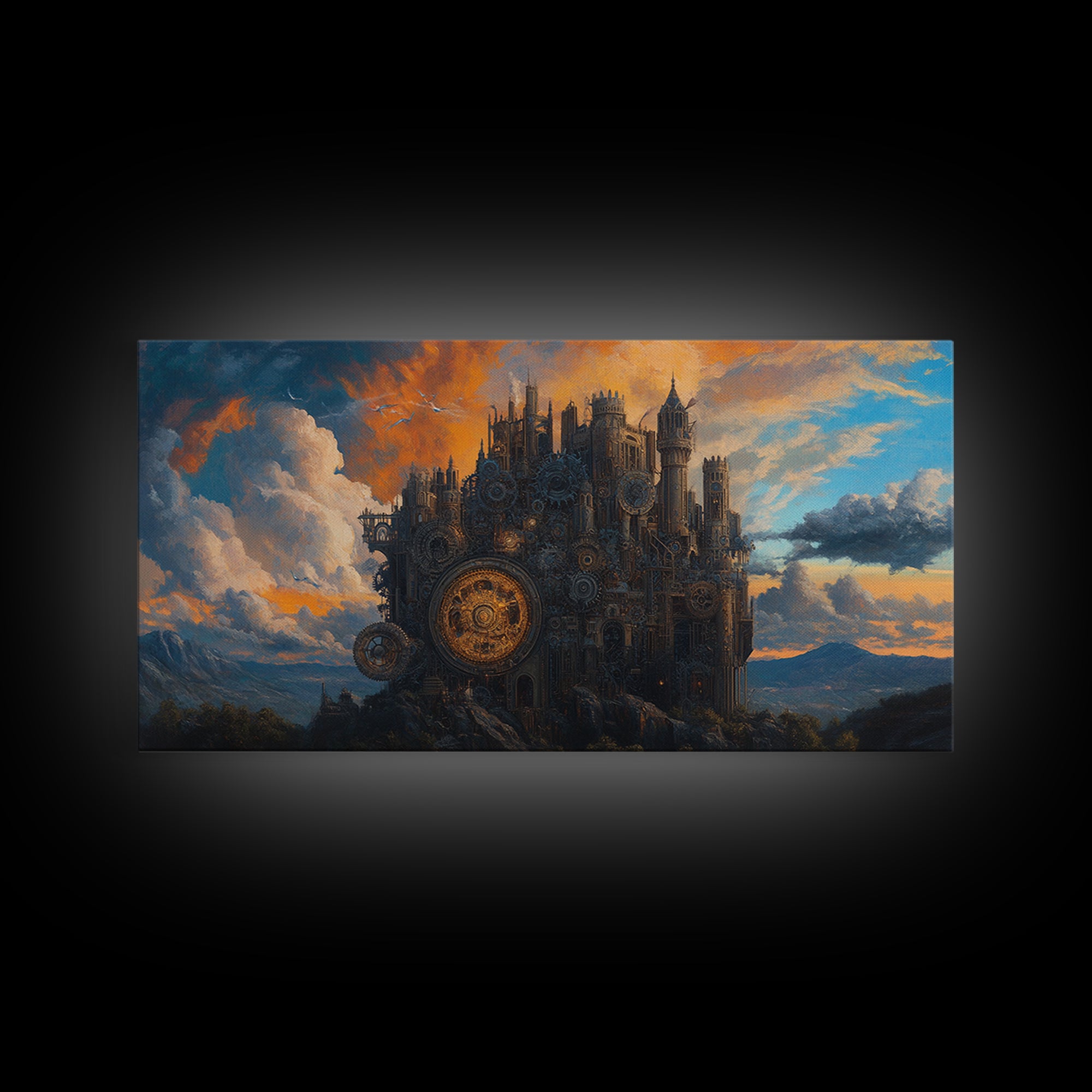 Dark Mechanical Castle At Dusk Wall Art, Gothic Steampunk Fantasy, Moody Landscape Framed Canvas Print, Statement Office Decor