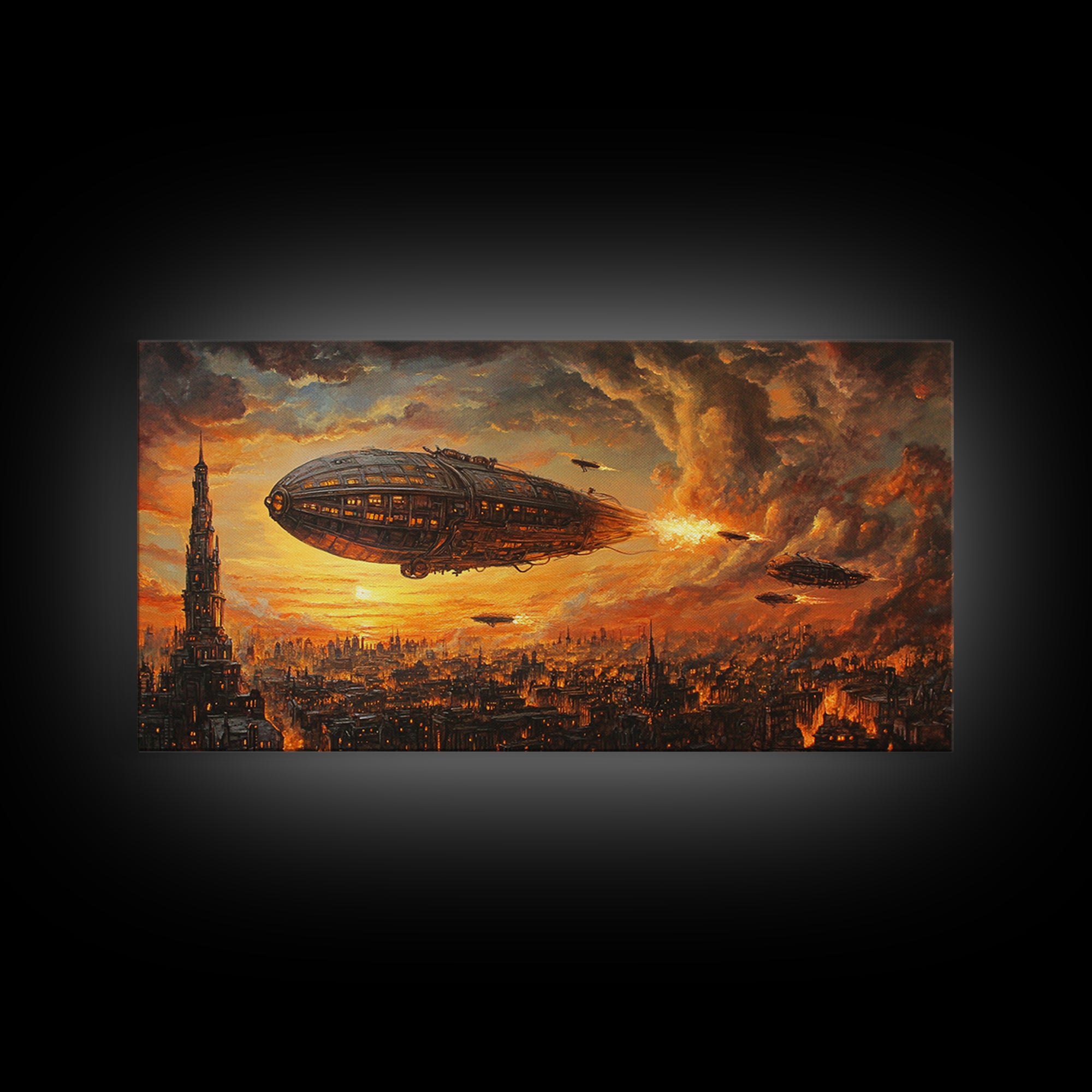 Fiery Airship Over Burning City Wall Art, Dark Steampunk Sci Fi Decor, Futuristic Landscape Canvas Print, Man Cave Art Gift