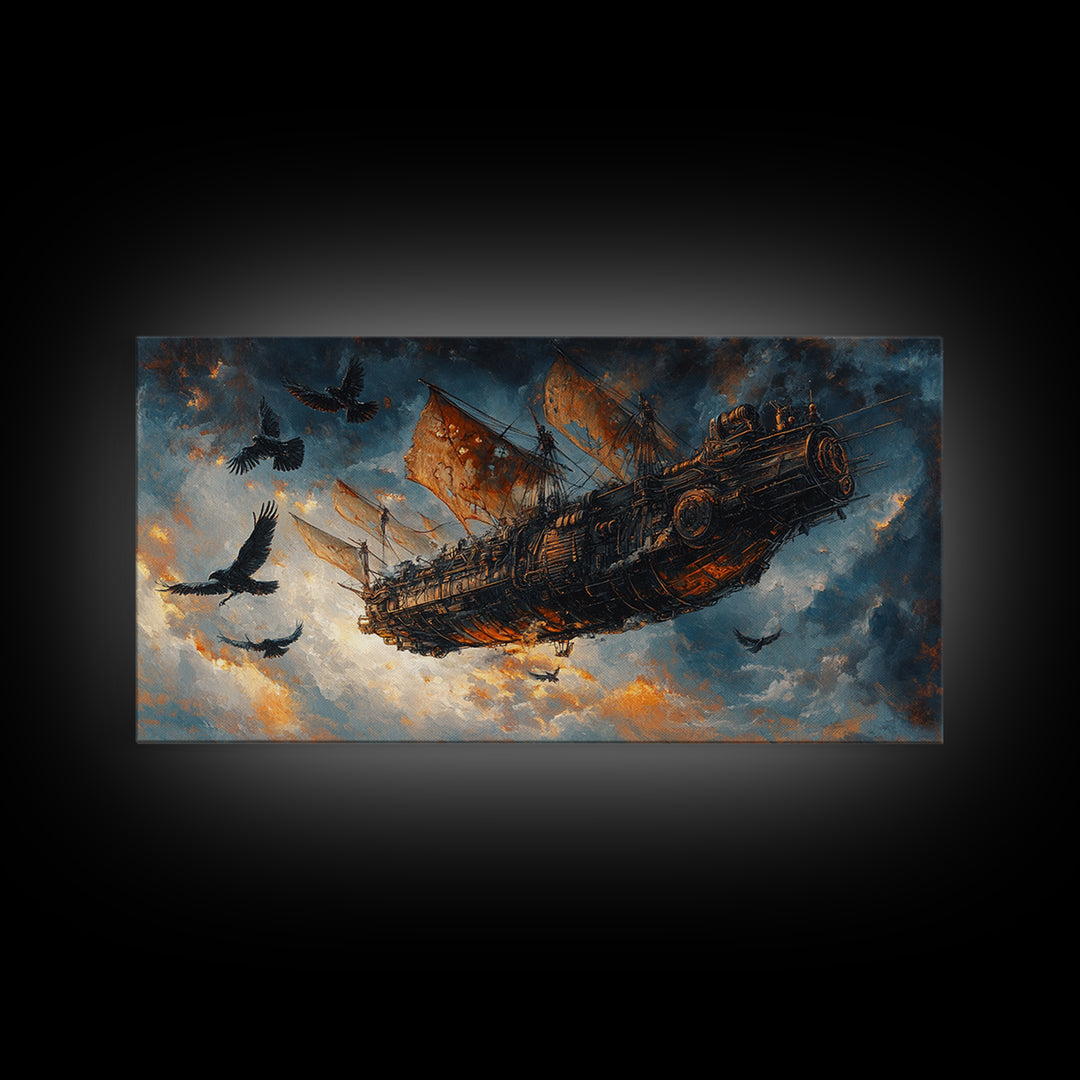 Dark Flying Pirate Ship Wall Art, Steampunk Fantasy Skyship, Gothic Adventure Canvas Print, Moody Sci Fi Office Decor Gift