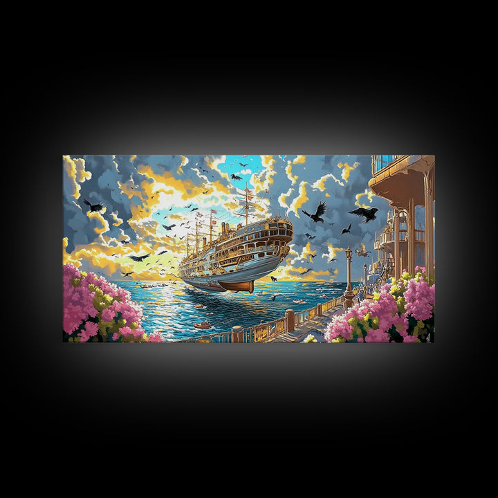 Sunlit Flying Ship By Floral Coast Wall Art, Whimsical Coastal Fantasy, Vibrant Canvas Print, Nautical Living Room Decor
