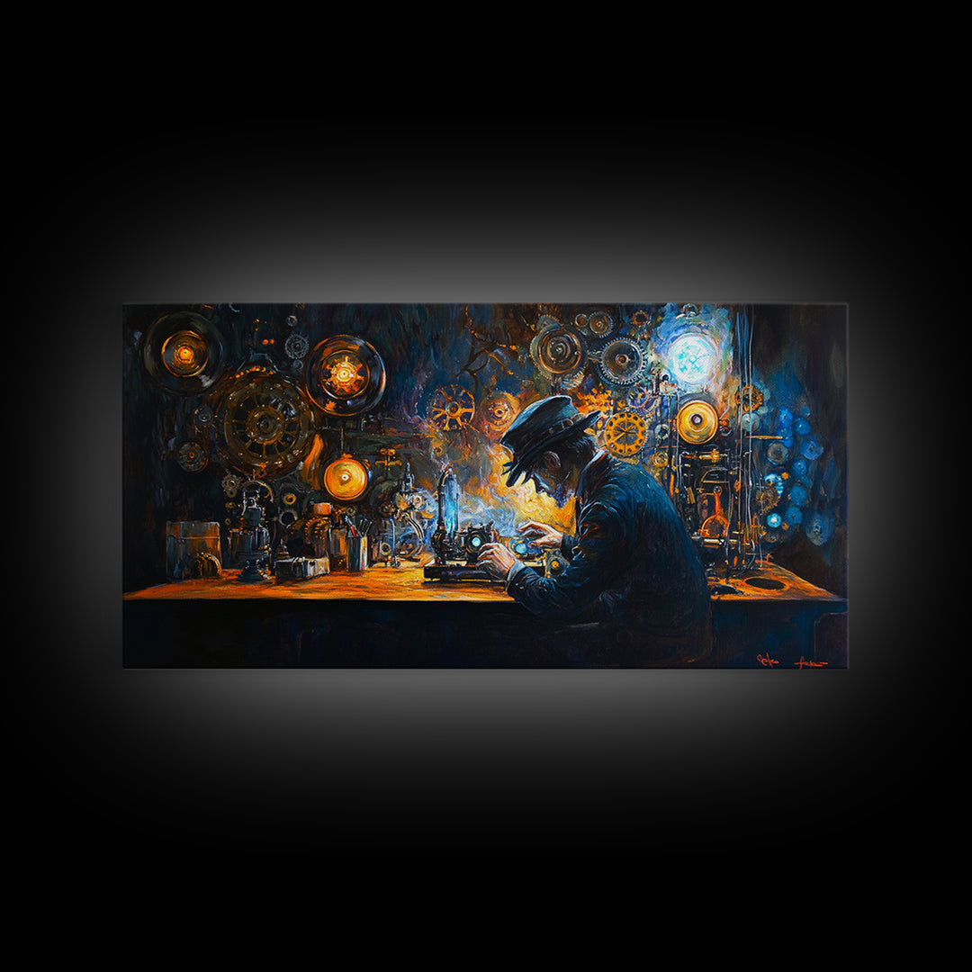 Steampunk Inventor At Workbench With Glowing Gears Framed Canvas Print, Dark Academia Wall Art, Office Decor, Gift For Him