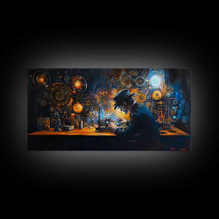 Steampunk Inventor At Workbench With Glowing Gears Framed Canvas Print, Dark Academia Wall Art, Office Decor, Gift For Him