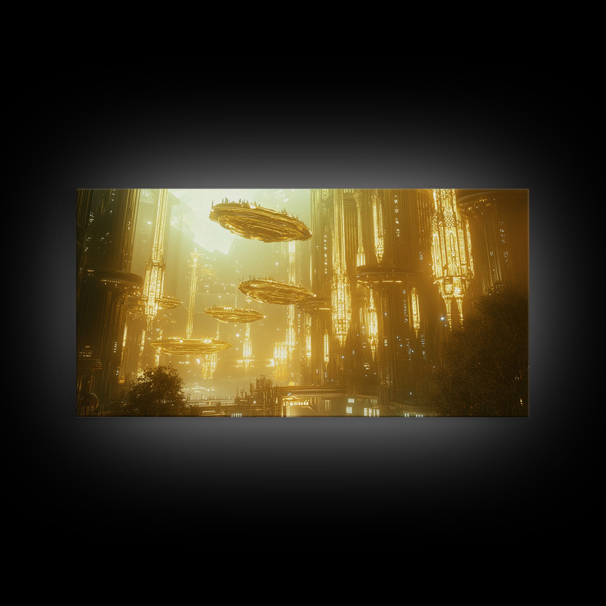 Golden Futuristic City With Floating Airships Framed Canvas Print, Sci Fi Wall Art, Cyberpunk Decor, Statement Artwork Gift For Him