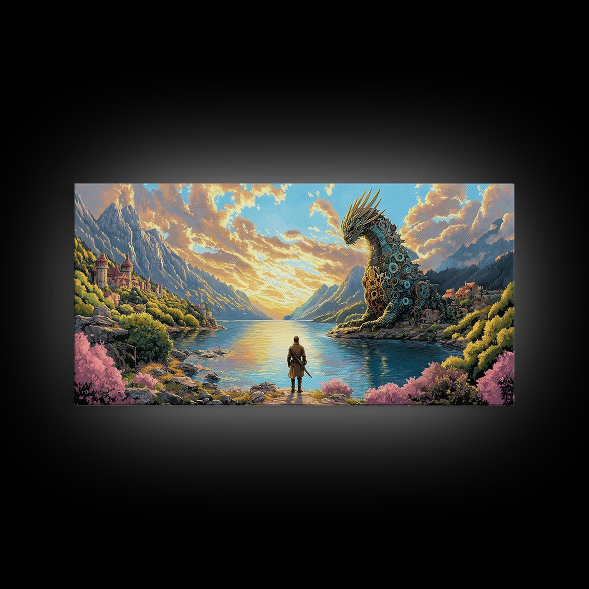 Hero Facing Giant Mechanical Dragon On Alpine Lake Canvas Print, Fantasy Wall Art, Mountain Wall Art, Adventure Home Decor