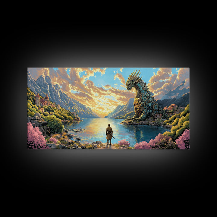 Hero Facing Giant Mechanical Dragon On Alpine Lake Canvas Print, Fantasy Wall Art, Mountain Wall Art, Adventure Home Decor
