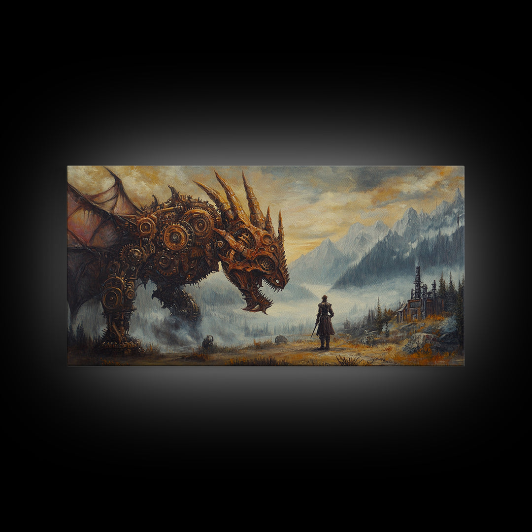 Steampunk Dragon Confronting Lone Traveler Framed Canvas Print, Fantasy Wall Art, Gothic Decor, Mountain Landscape Art, Gift For Him
