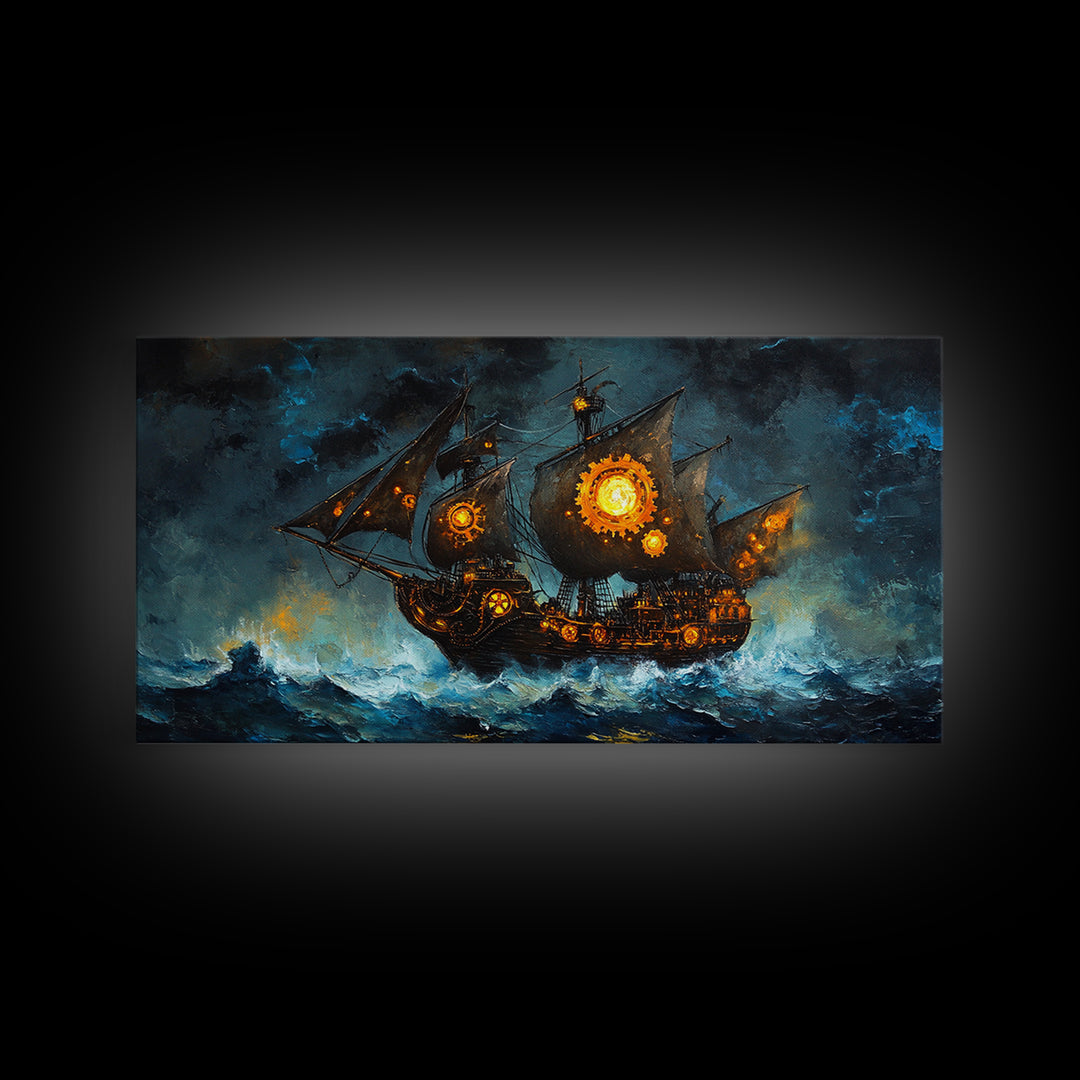Stormy Steampunk Pirate Ship With Glowing Gears Canvas Print, Nautical Wall Art, Dark Fantasy Art, Moody Seascape Decor Gift For Him