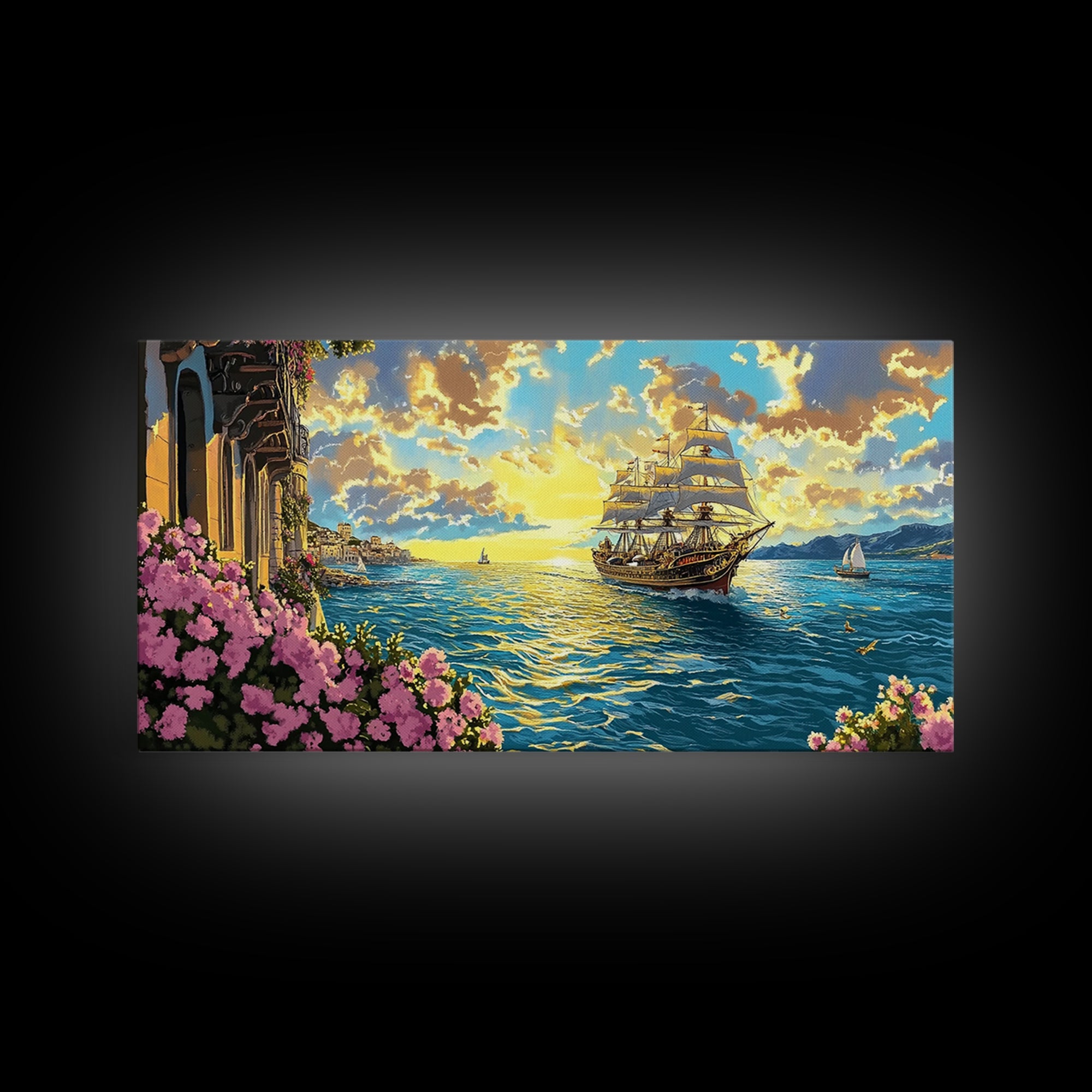 Sunset Tall Ship Sailing Past Flowered Balcony Canvas Print, Coastal Wall Art, Nautical Decor, Mediterranean Home Decor, Gift For Her