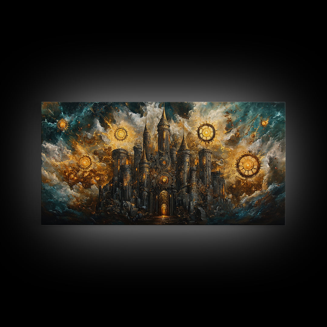 Dark Clockwork Castle Under Stormy Skies Framed Canvas Print, Gothic Wall Art, Steampunk Decor, Fantasy Home Decor, Statement Artwork