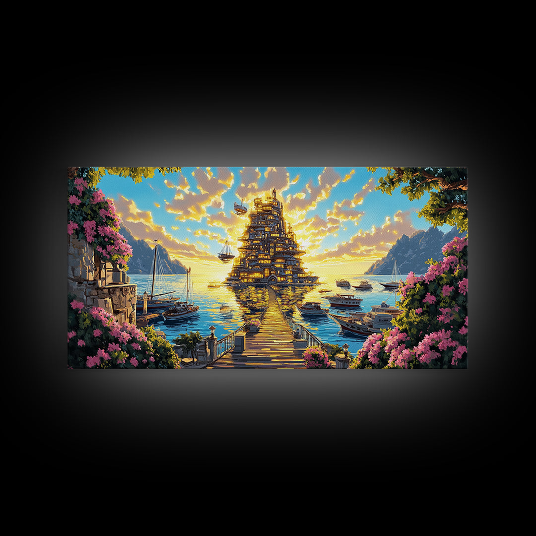 Golden Floating Temple At Sunset Wall Art, Fantasy Coastal Landscape Canvas, Dreamy Ocean Decor, Large Living Room Art Print