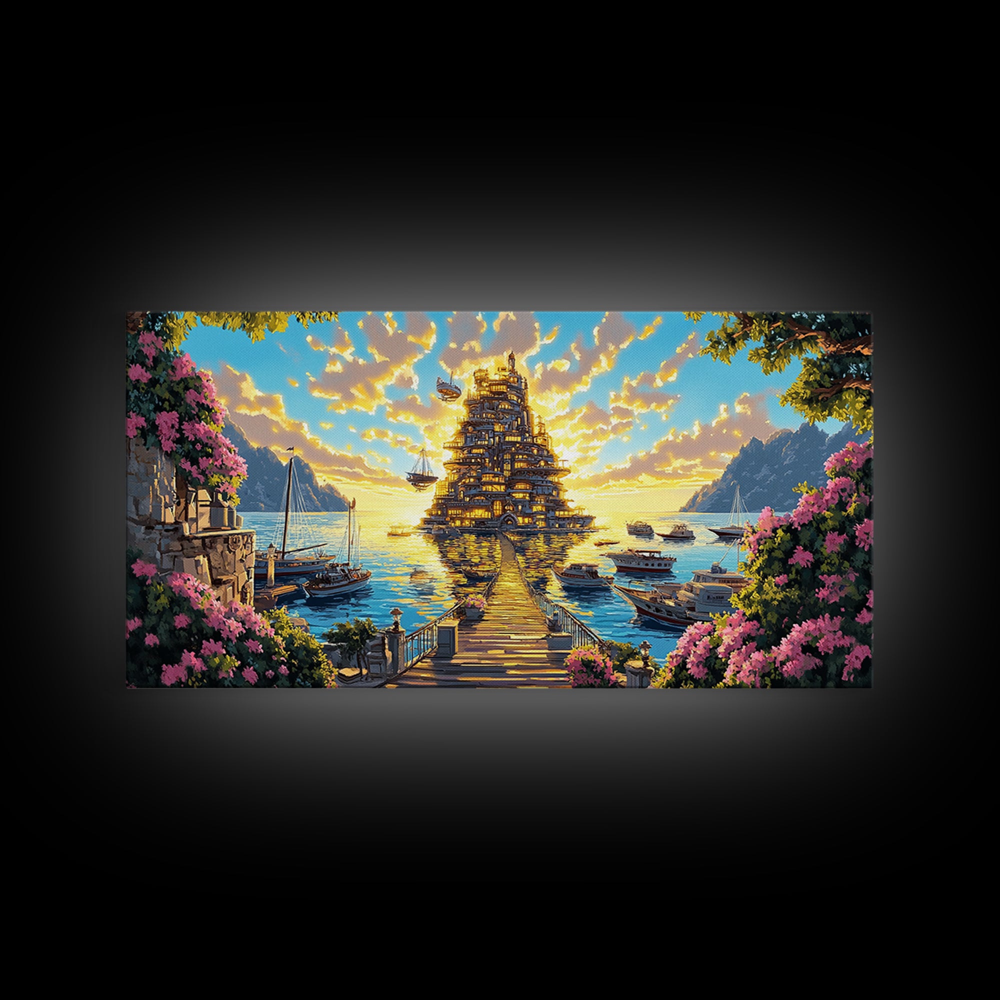 Golden Floating Temple At Sunset Wall Art, Fantasy Coastal Landscape Canvas, Dreamy Ocean Decor, Large Living Room Art Print