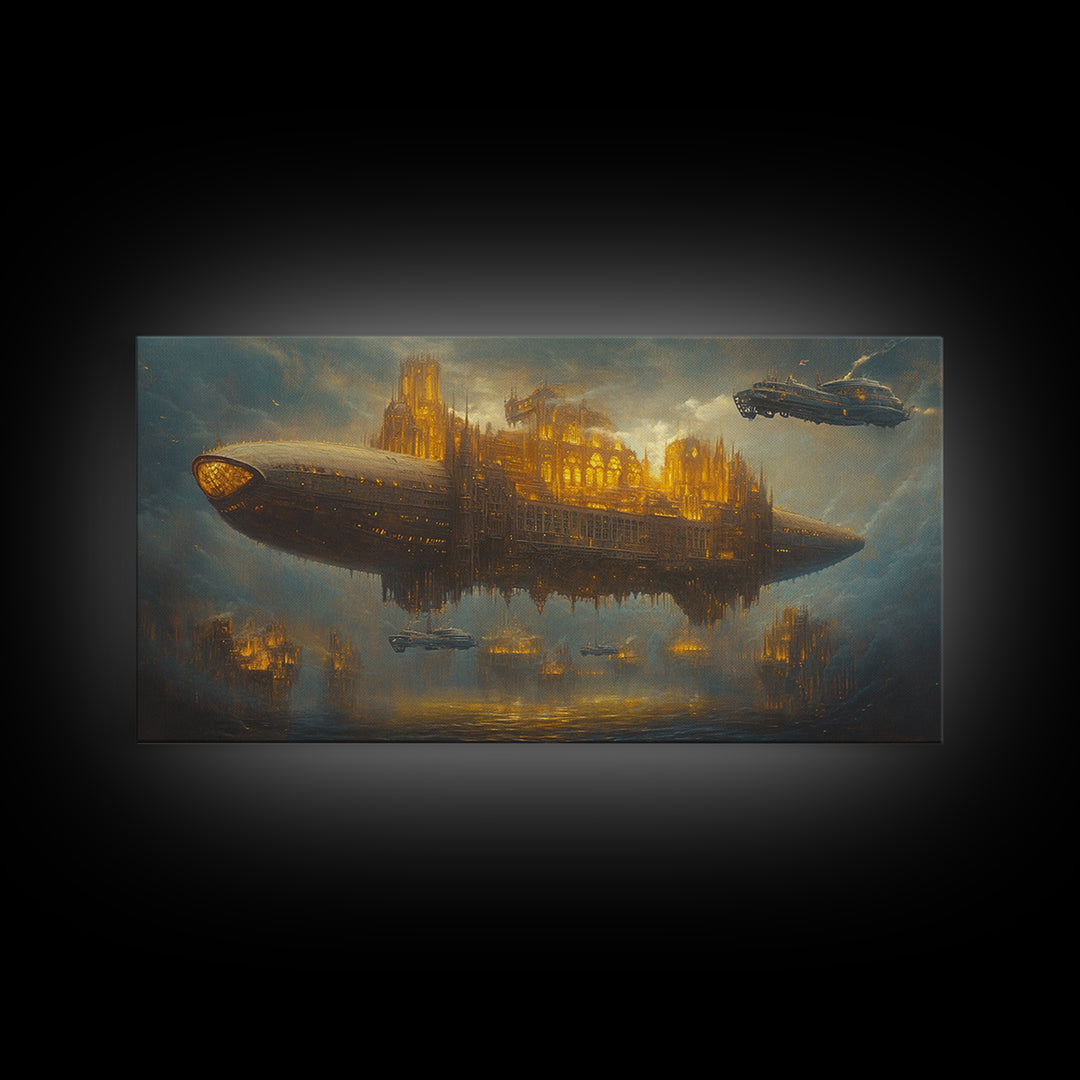 Golden Steampunk Airship City Framed Canvas Print, Futuristic Sci Fi Wall Decor, Dark Fantasy Art For Office Decor, Gift For Him