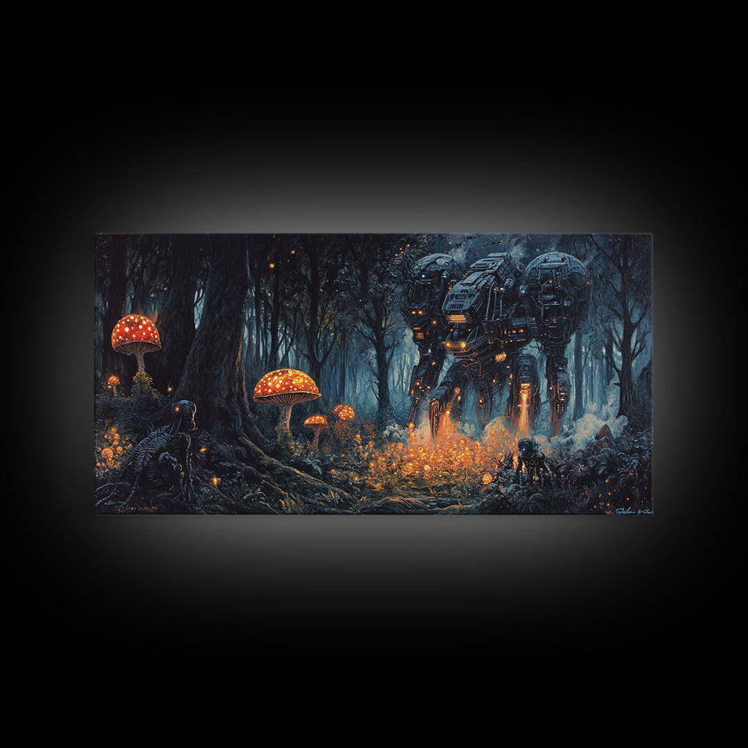 Glowing Mushroom Forest Mech Canvas Print, Dark Sci Fi Fantasy Wall Art, Cyberpunk Decor, Gamer Room Office Art, Gift For Him