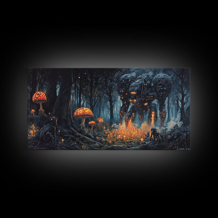 Glowing Mushroom Forest Mech Canvas Print, Dark Sci Fi Fantasy Wall Art, Cyberpunk Decor, Gamer Room Office Art, Gift For Him