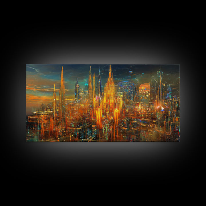 Radiant Futuristic City Skyline Wall Art, Cyberpunk Canvas Print, Sci Fi Urban Decor, Large Modern Office Wall Decor Art