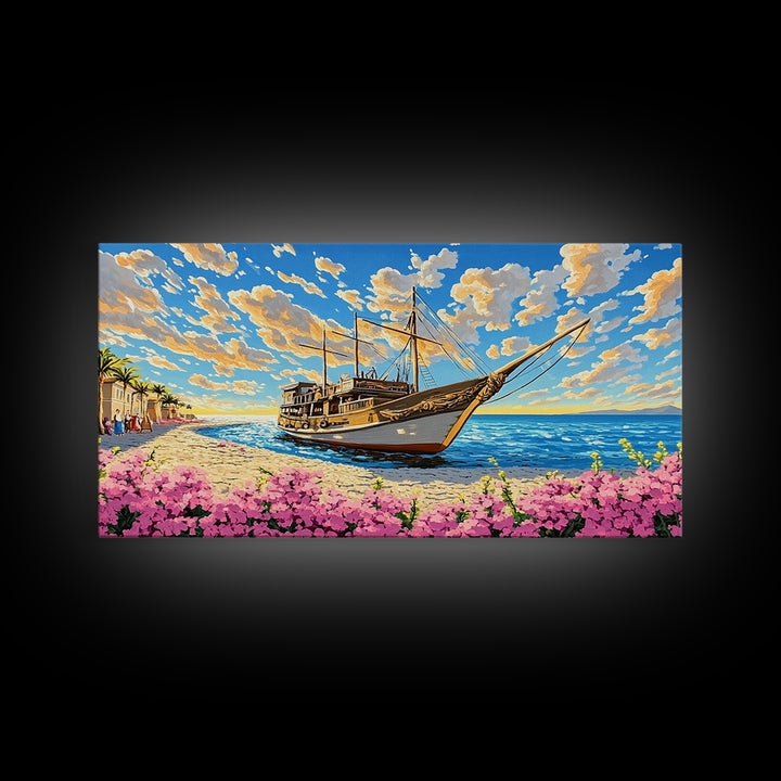 Classic Wooden Sailboat On Sunny Coast Wall Art, Nautical Canvas Print, Beach House Decor, Coastal Living Room Art Print