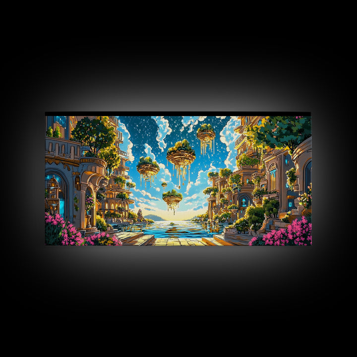 Floating Garden Islands Over Azure Sea Wall Art, Fantasy Coastal Canvas Print, Dreamy Mediterranean Home Decor Art Print
