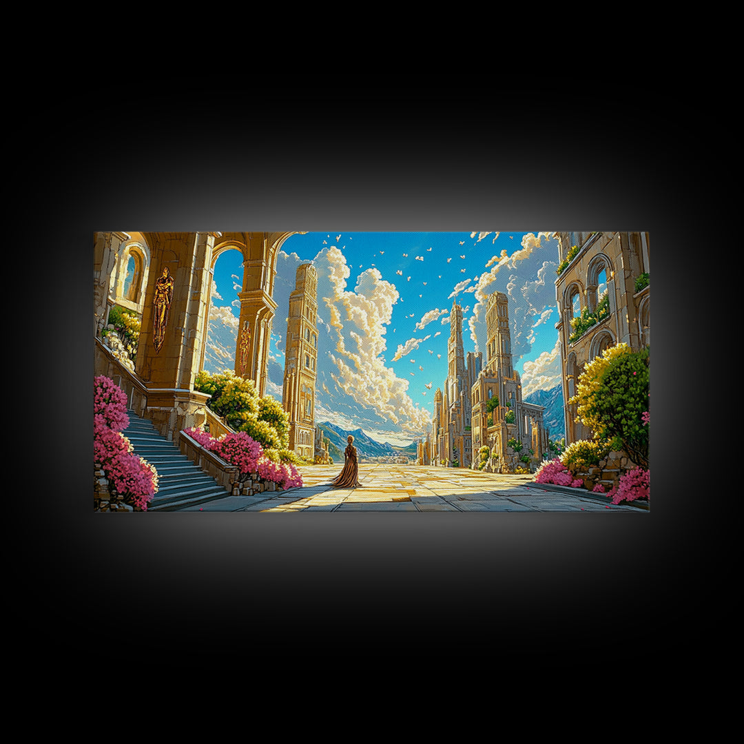 Sunlit Ancient Ruins And Mountain Vista Wall Art, Fantasy Landscape Canvas Print, Elegant Mediterranean Home Decor Print