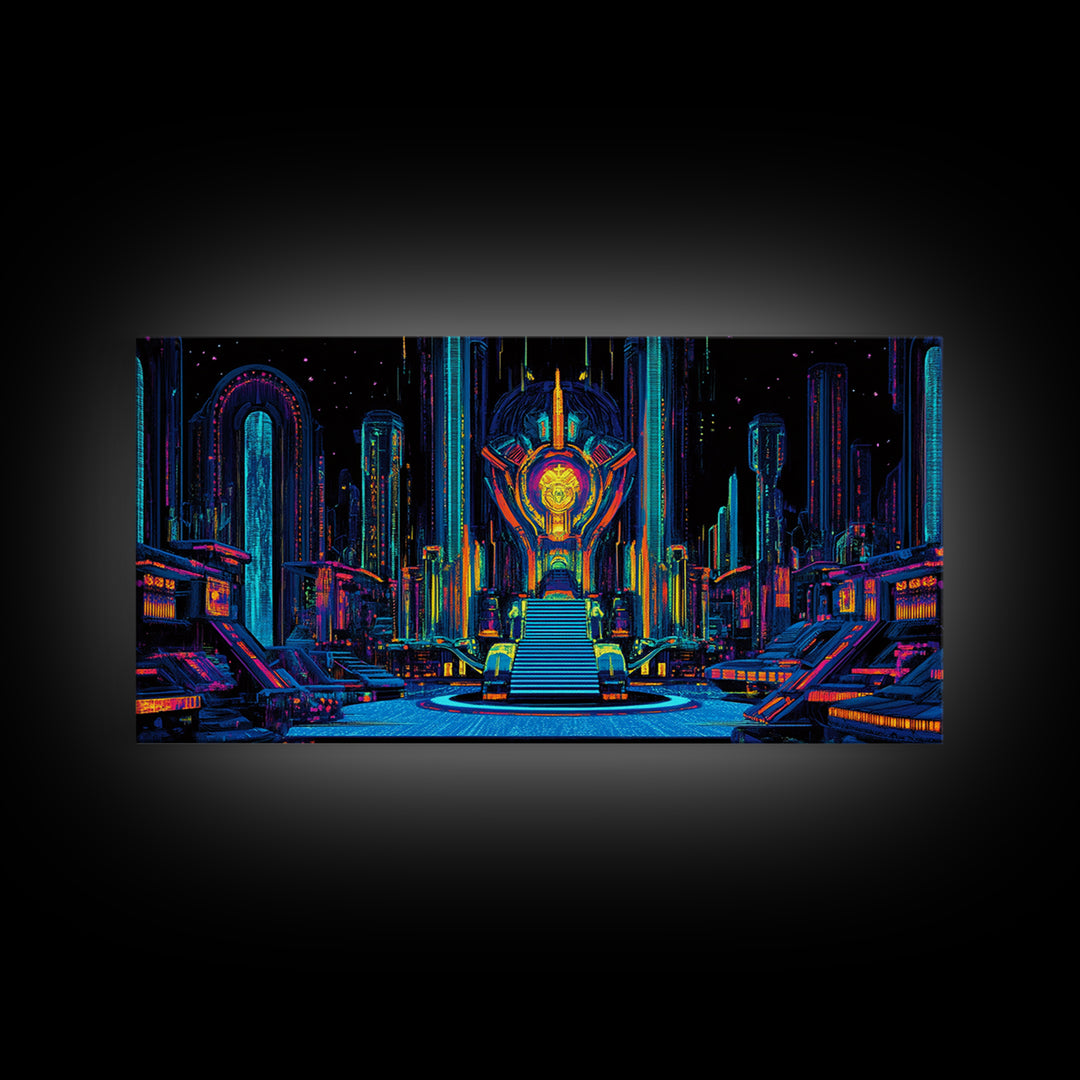 Neon Cyberpunk Throne Room Canvas Print, Futuristic Sci Fi Wall Art, Gaming Room Decor, Vibrant Office Wall Decor, Gift For Him
