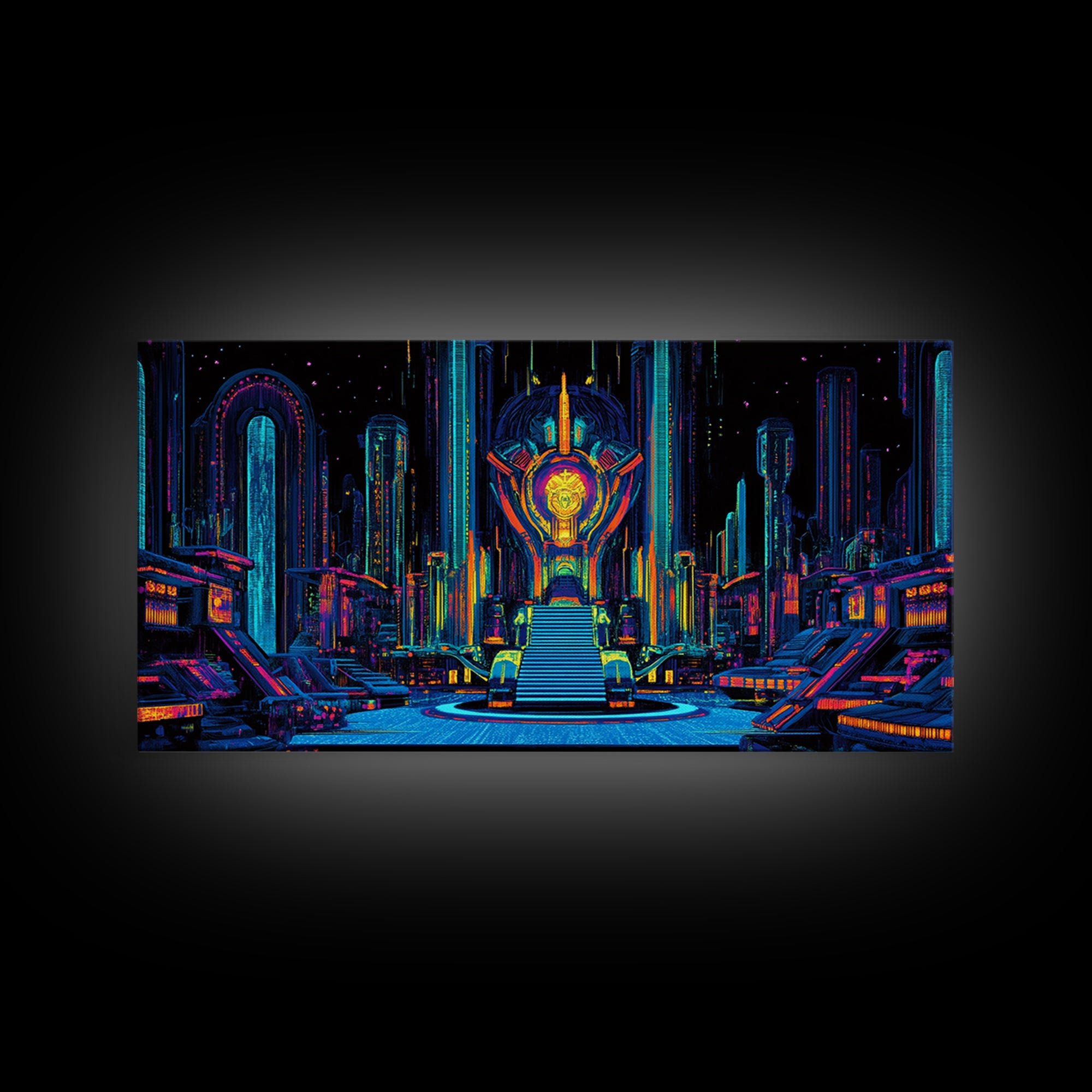 Neon Cyberpunk Throne Room Canvas Print, Futuristic Sci Fi Wall Art, Gaming Room Decor, Vibrant Office Wall Decor, Gift For Him