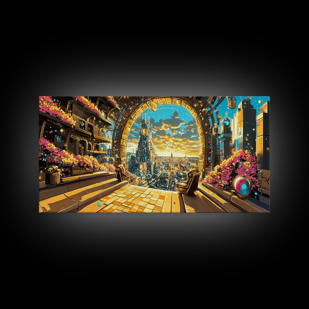 Golden Portal Balcony Over Future City Wall Art, Futuristic Canvas Print, Sci Fi Living Room Decor, Statement Office Art