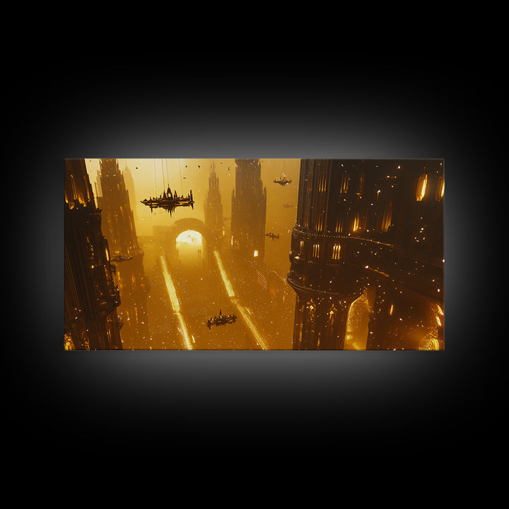 Golden Futuristic Megacity With Airships Wall Art, Sci Fi Cityscape Canvas, Cyberpunk Decor, Large Statement Living Room Print
