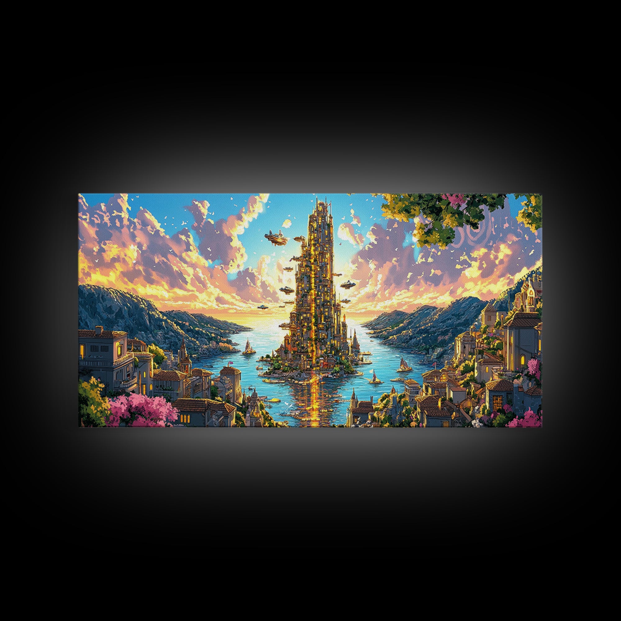 Radiant Island Tower And Alpine Bay Framed Canvas Print, Fantasy Coastal Wall Art, Italy Decor, Colorful Living Room Art