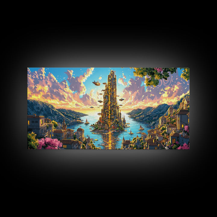 Radiant Island Tower And Alpine Bay Framed Canvas Print, Fantasy Coastal Wall Art, Italy Decor, Colorful Living Room Art