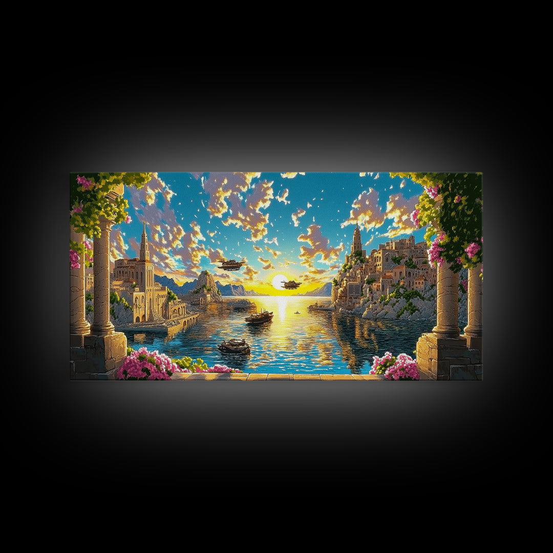 Sunlit Fantasy Harbor With Airships Canvas Print, Mediterranean Coastal Wall Art, Seascape Decor, Bright Living Room Print