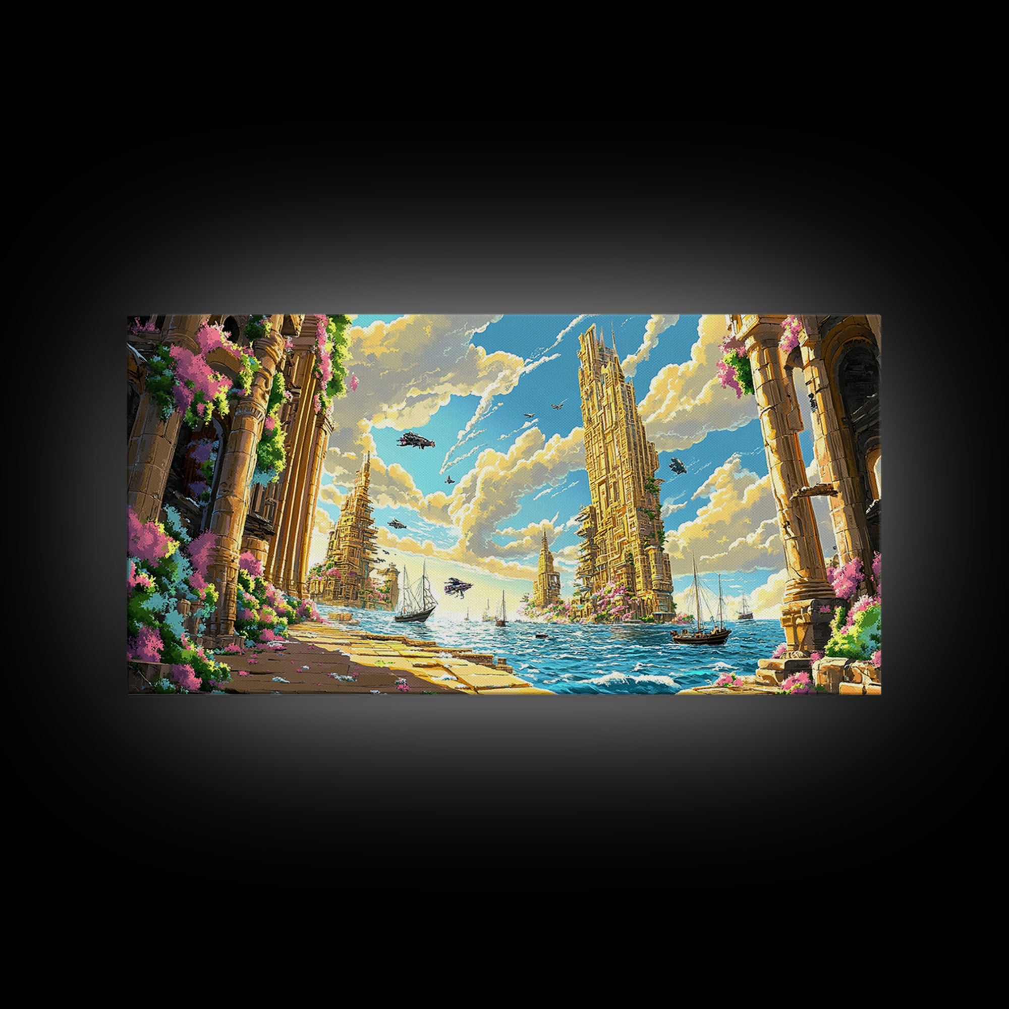 Blooming Fantasy Canal And Golden Towers Wall Art, Coastal Seascape Canvas, Mediterranean Decor, Large Horizontal Living Room Print