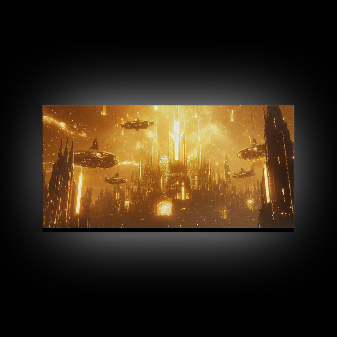 Glowing Golden Future Cathedral And Airships Canvas Print, Sci Fi Wall Art, Luxury Cyberpunk Decor, Oversized Statement Art