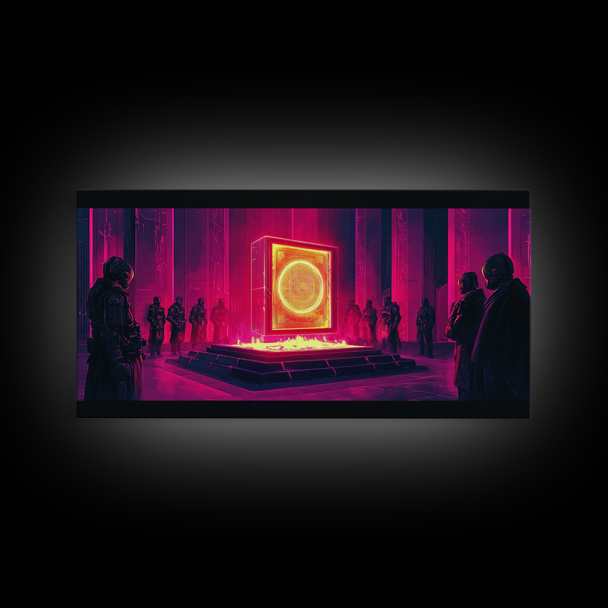 Neon Magenta Monolith Ritual Framed Canvas Print, Cyberpunk Wall Art, Sci Fi Decor, Dark Moody Futuristic Gallery Room Poster