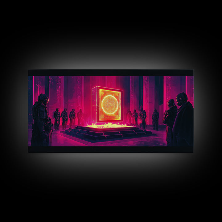 Neon Magenta Monolith Ritual Framed Canvas Print, Cyberpunk Wall Art, Sci Fi Decor, Dark Moody Futuristic Gallery Room Poster