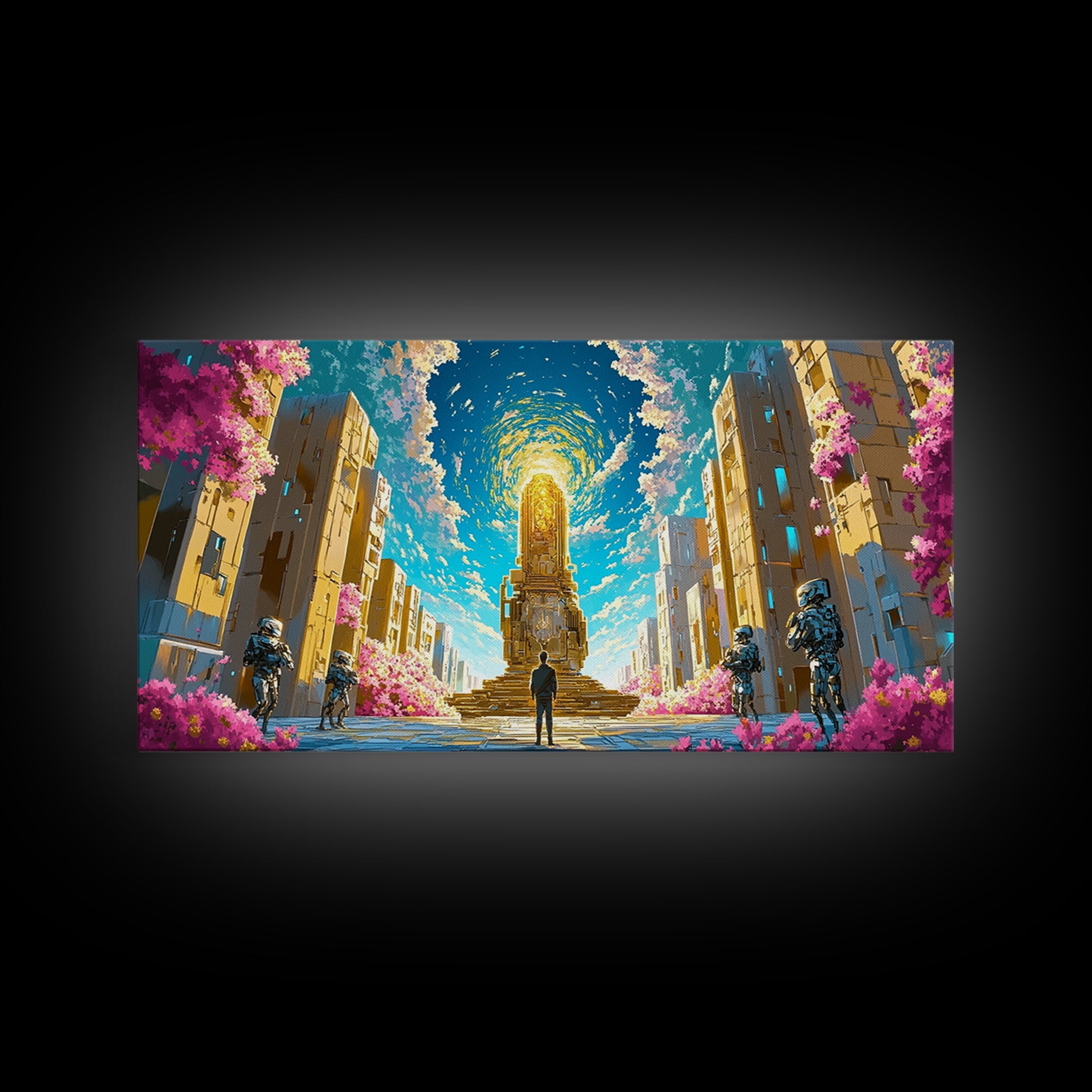 Celestial Portal Monument With Blossoms Wall Art, Modern Futuristic Sci Fi Canvas, Cyberpunk Decor, Vibrant Living Room Print