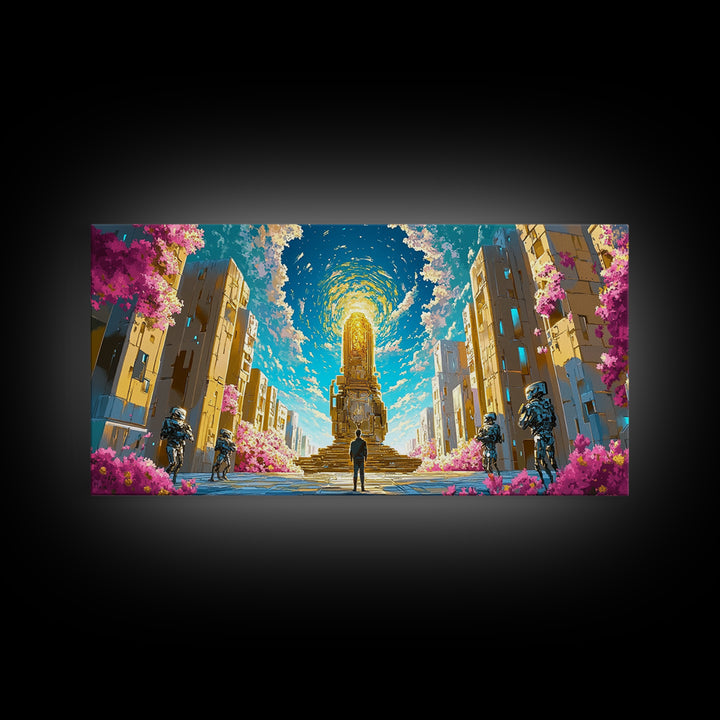 Celestial Portal Monument With Blossoms Wall Art, Modern Futuristic Sci Fi Canvas, Cyberpunk Decor, Vibrant Living Room Print