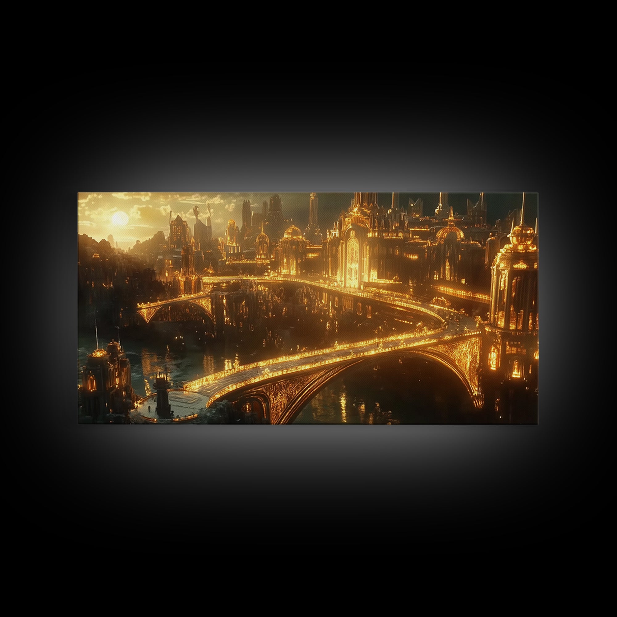 Golden Futuristic Palace City And Bridges Framed Canvas Print, Sci Fi Wall Art, Luxury Cityscape Large Statement Living Room Decor